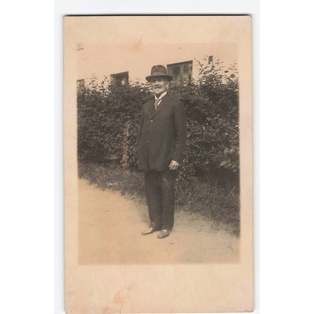 RPPC Elderly Man Suit Fedora Mustache Portrait Antique Real Photo Postcard